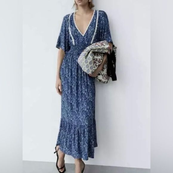 Zara Dresses & Skirts - Zara Women’s Blue Paisley Boho Cottegecore Maxi Dress Size S
